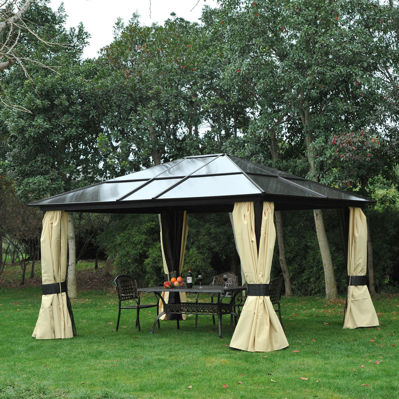 4 x 3.6(m) Hardtop Gazebo Canopy with Polycarbonate Roof and Aluminium Frame, Garden Pavilion with Mosquito Netting and Curtains