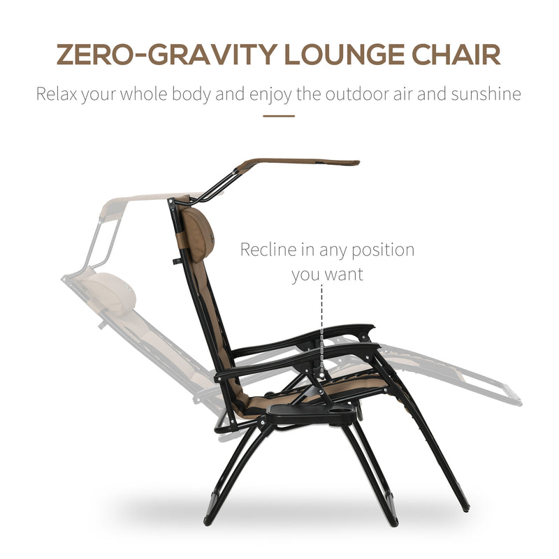 Zero Gravity Lounger Chair, Folding Reclining Patio Chair with Shade Cover, Cup Holder and Headrest for Poolside, Camping, Brown