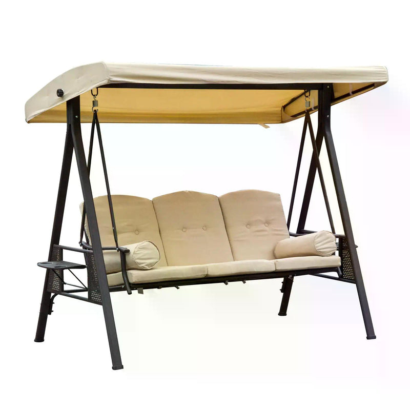 Steel Swing Chair Hammock Garden 3 Seater Canopy Cushion Shelter Outdoor Bench Beige