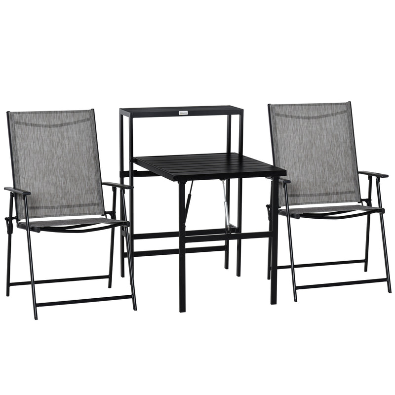 3 Pcs Folding Garden Furniture Set, Foldable Table and 2 Chairs Set w/ Side Shelf, Metal Frame, Indoor Outdoor Patio Balcony