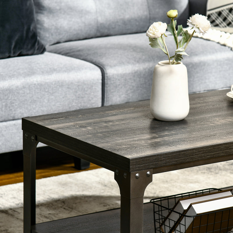 Rustic Coffee Table with Storage Shelf, Cocktail Table with Steel Frame and Thickened Top for Living Room, Dark Walnut