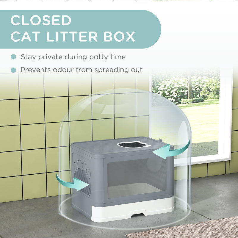 Cat Litter Box Enclosed with Lid Front Entry Top Exit, Drawer Tray, Scoop, Brush, 48.5 x 38 x 36.5cm - Grey