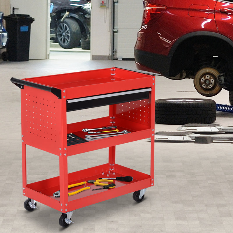3-Tier Tool Trolley Cart Storage Shelf Roller Cabinet DIY Box Garage Workshop with Drawer Red