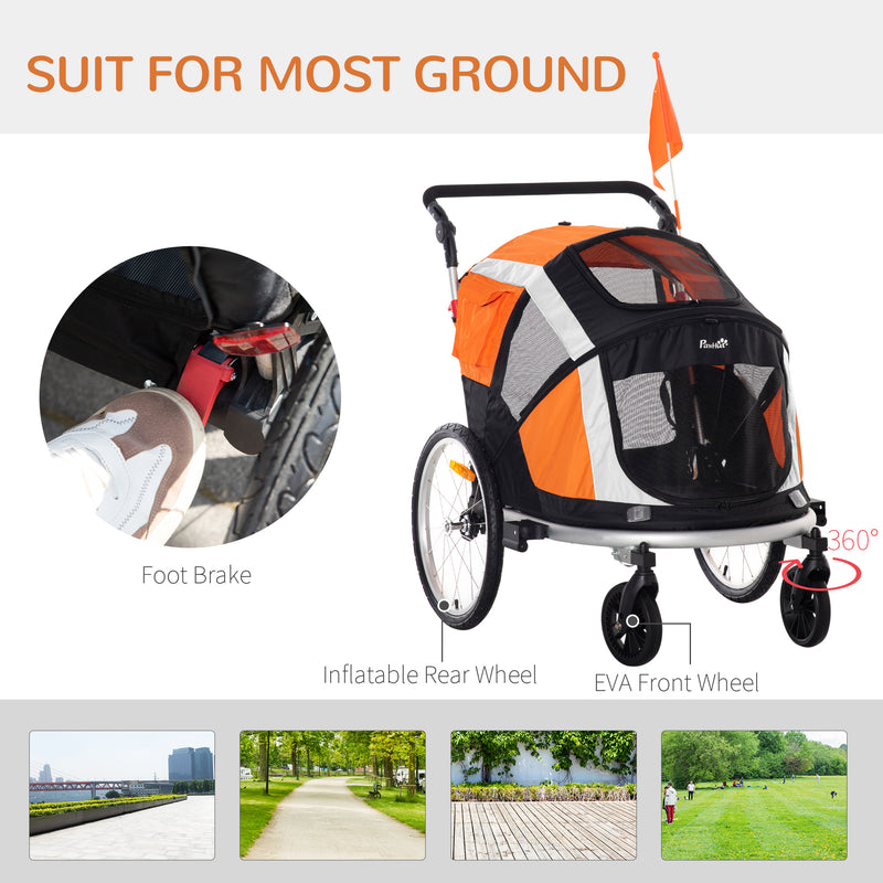 Dog Bike Trailer 2-in-1 Pet Stroller for Large Dogs Cart Foldable Bicycle Carrier Aluminium Frame with Safety Leash Hitch Coupler Flag Orange