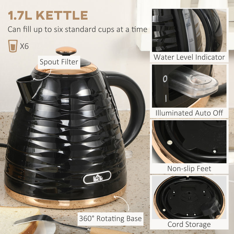 Kettle and Toaster Sets, 1600W 1.7L Rapid Boil Kettle & 4 Slice Toaster w/7 Browning Controls Defrost Reheat Crumb Tray Otter thermostat Black