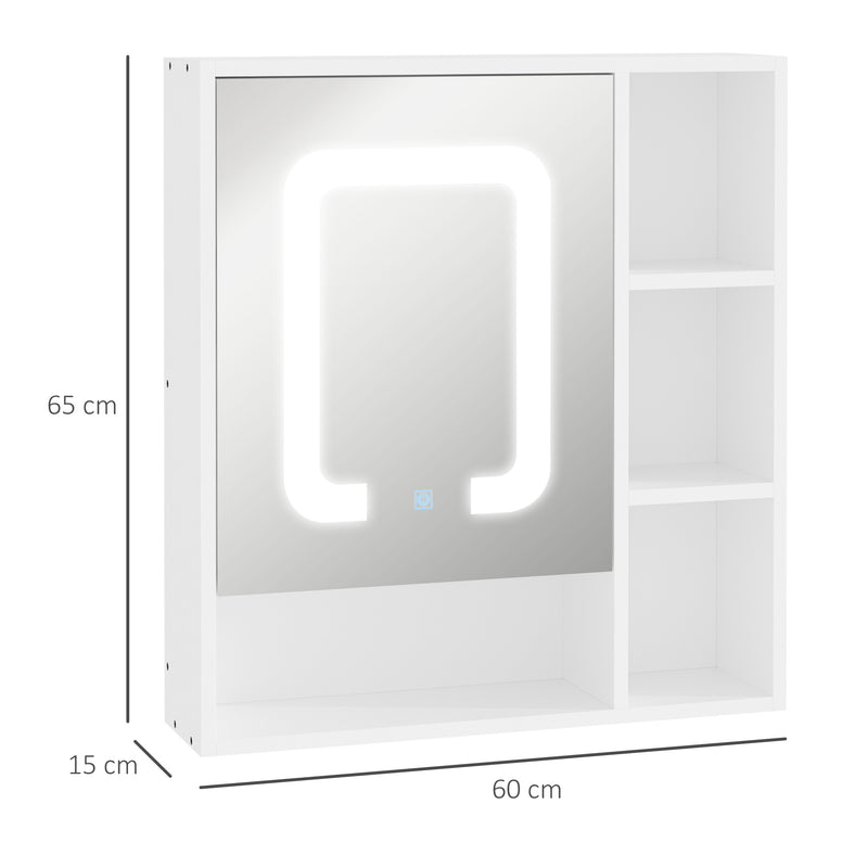 LED Illuminated Bathroom Mirror Cabinet, Wall-mounted Storage Organizer with Four Open Shelves, Dimmable Touch Switch, White