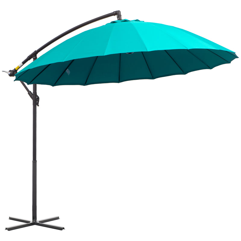 3(m) Cantilever Shanghai Parasol Garden Hanging Banana Sun Umbrella with Crank Handle, 18 Sturdy Ribs and Cross Base, Turquoise