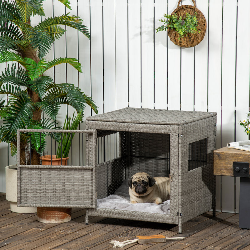 Wicker Dog Cage, Dog Crate with Lockable Door and Soft Washable Cushion for Small Sized Dogs, 62 x 59 x 66 cm, Grey