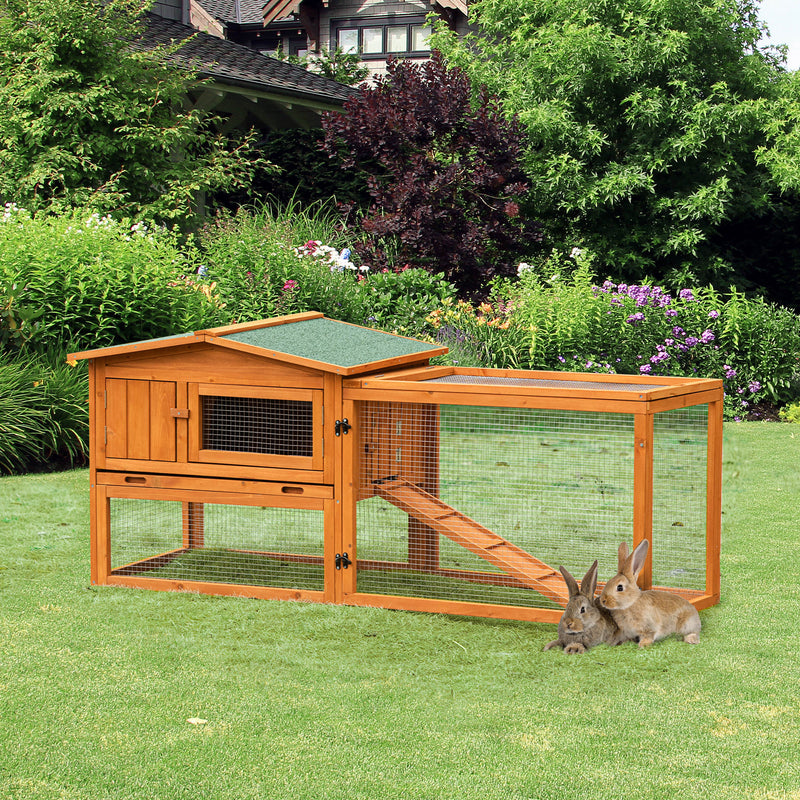 Rabbit Hutch and Run Outdoor Bunny Cage Wooden Guinea Pig Hide House with Sliding Tray, Hay Rack, Ramp, 156 x 58 x 68cm