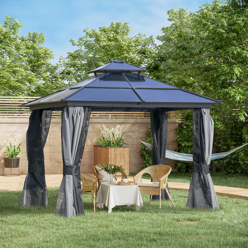 3 x 3(m) Polycarbonate Hardtop Gazebo Canopy with Double-Tier Roof and Aluminium Frame, Garden Pavilion with Mosquito Netting and Curtains