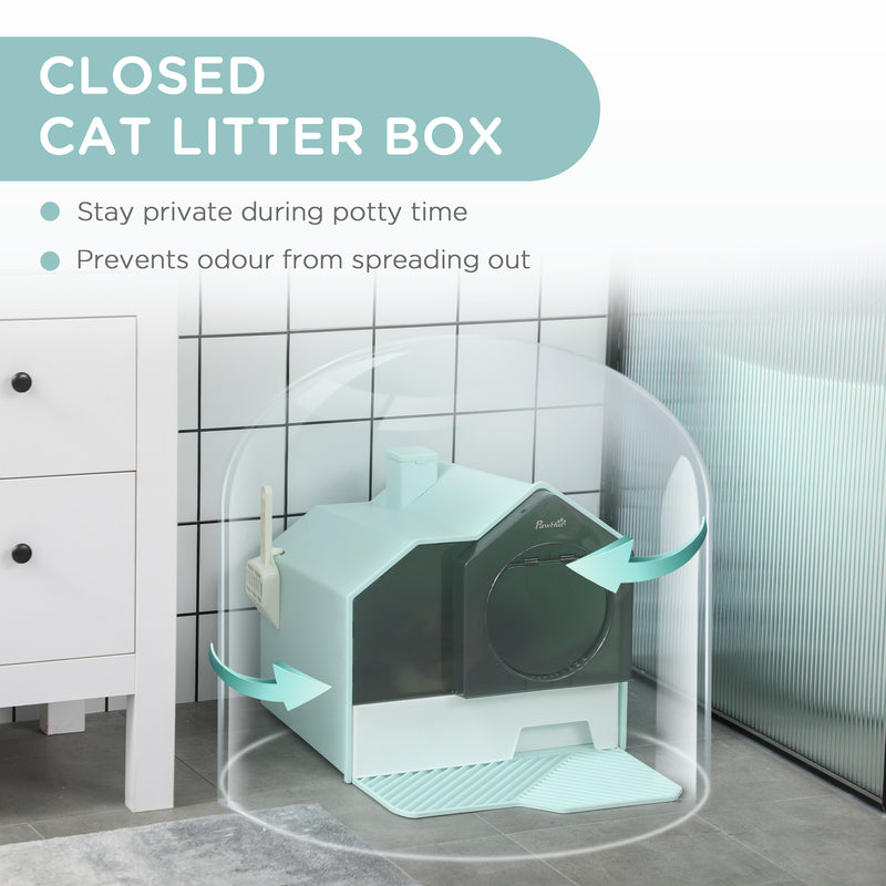 Hooded Cat Litter Tray w/ Scoop Light Blue