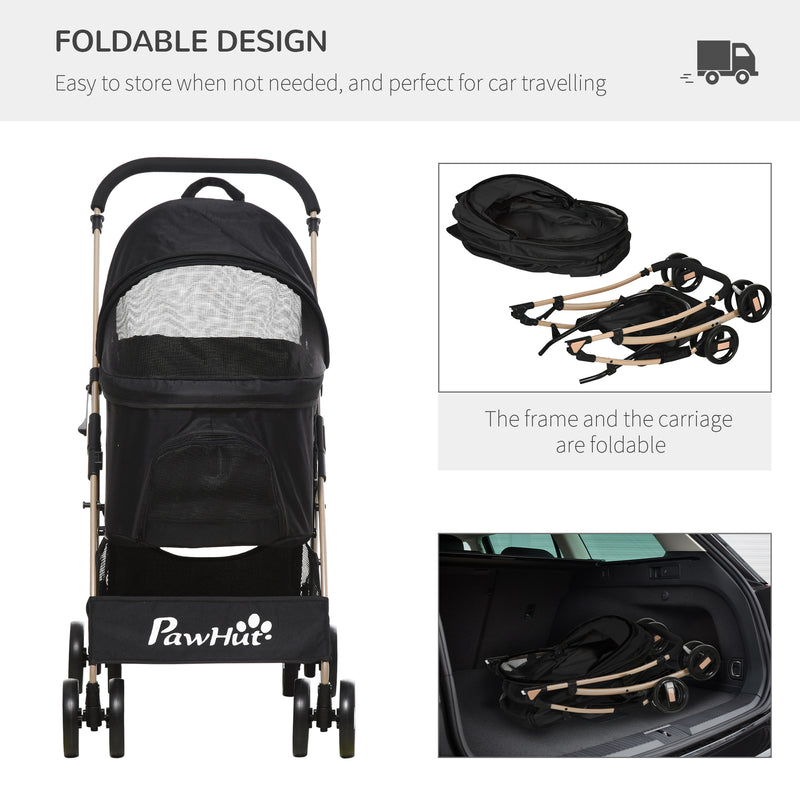 Detachable Pet Stroller, 3-In-1 Dog Cat Travel Carriage, Foldable Carrying Bag with Universal Wheel Brake Canopy Basket Storage Bag, Black