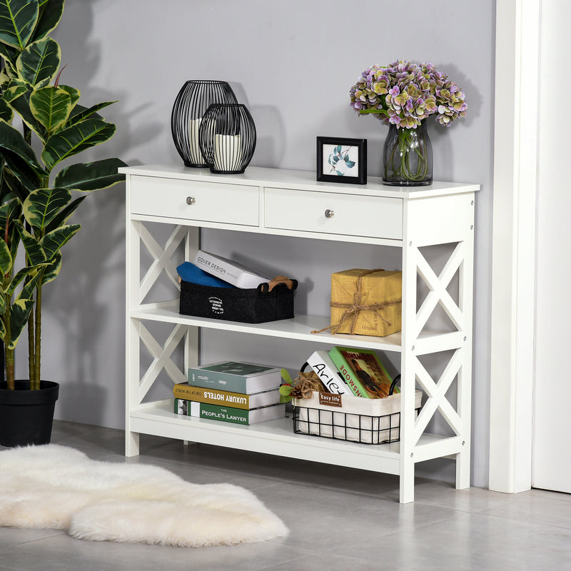 Console Table Side Desk w/ Shelves Drawers Open Top X Support Frame Living Room Hallway Home Office Furniture White