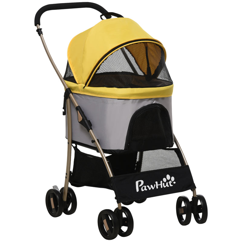 Detachable Dog Pushchair, 3-In-1 Dog Cat Travel Carriage, Foldable Carrying Bag with Universal Wheel Brake Canopy Basket Storage Bag, Yellow