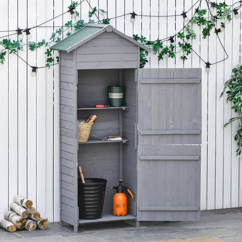 Wooden Garden Storage Shed Timber Tool Cabinet Organiser w/ Tilted-felt Roof, Shelves, Lockable Doors, 189 x 82 x 49 cm, Grey