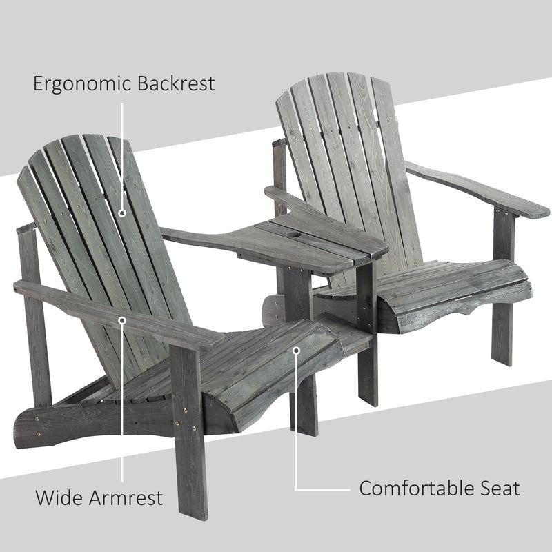 Wooden Outdoor Double Adirondack Chairs Loveseat w/ Center Table and Umbrella Hole, Garden Patio Furniture for Lounging and Relaxing, Grey
