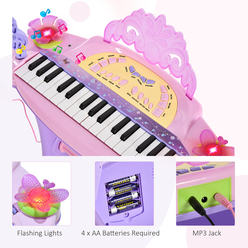 Mini Electronic Organ Piano W/Microphone and Stool-Purple/Pink