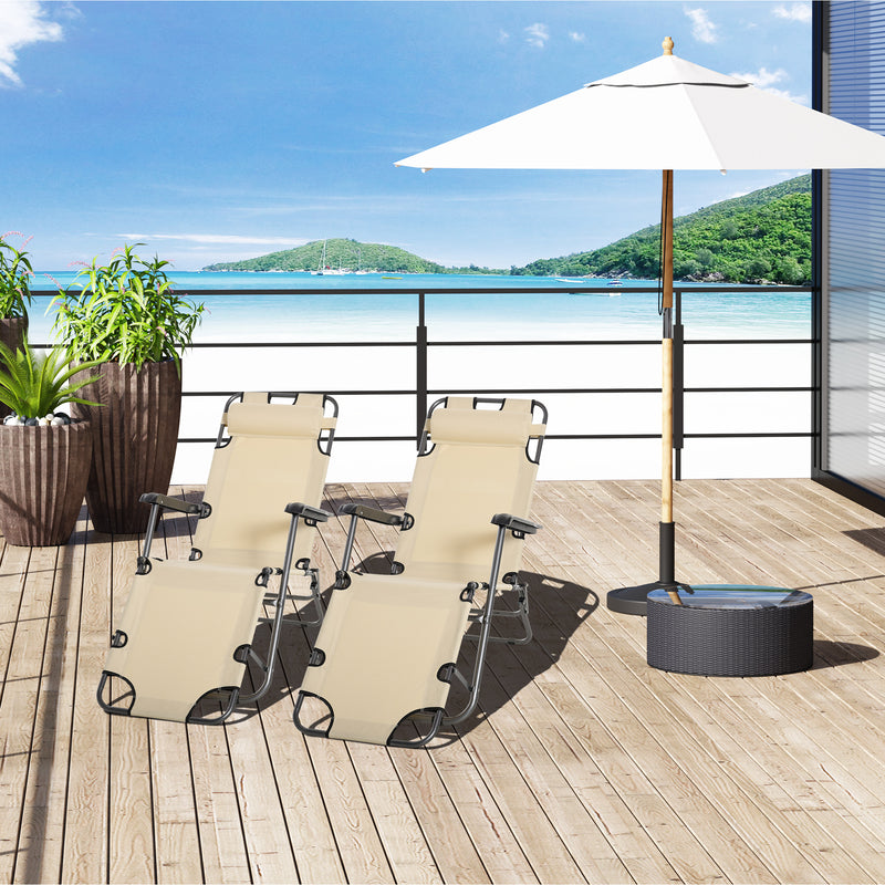 2 Pieces Foldable Sun Loungers with Adjustable Back, Outdoor Reclining Garden Chairs with Pillow and Armrests, Beige
