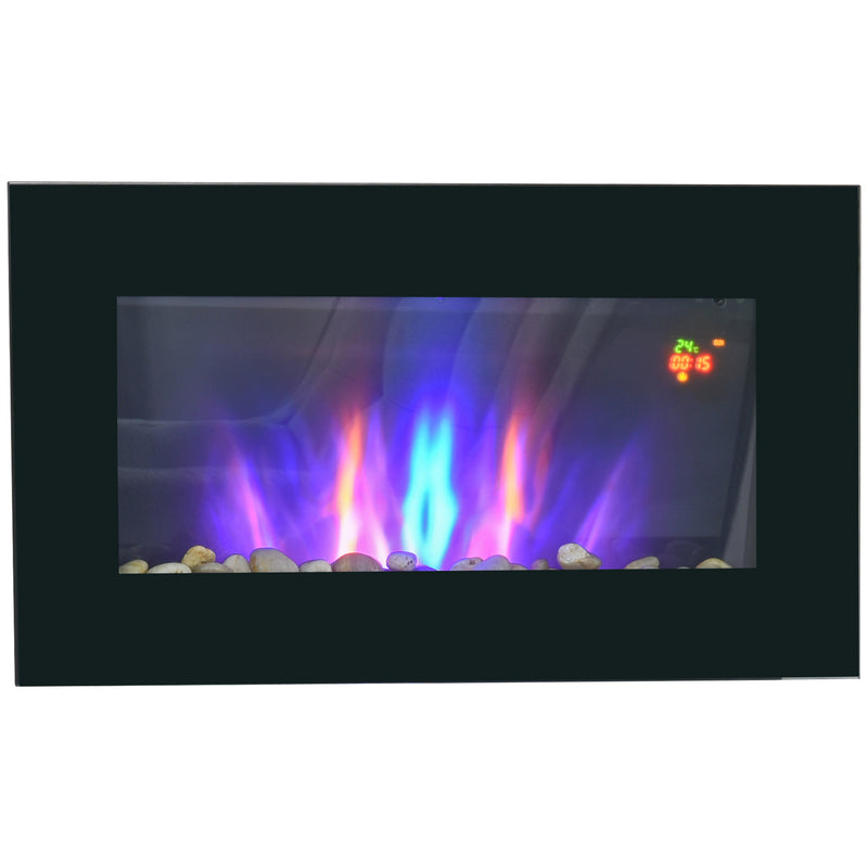 1000W Wall Mounted Tempered Glass Electric Fireplace Heater Wall Fires Black