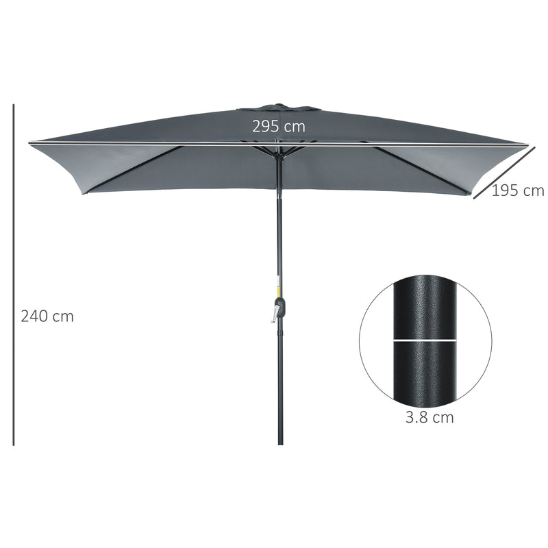 3x2m Patio Parasol Garden Umbrellas Canopy with Aluminum Tilt Crank Rectangular Sun Shade Steel, Dark Grey