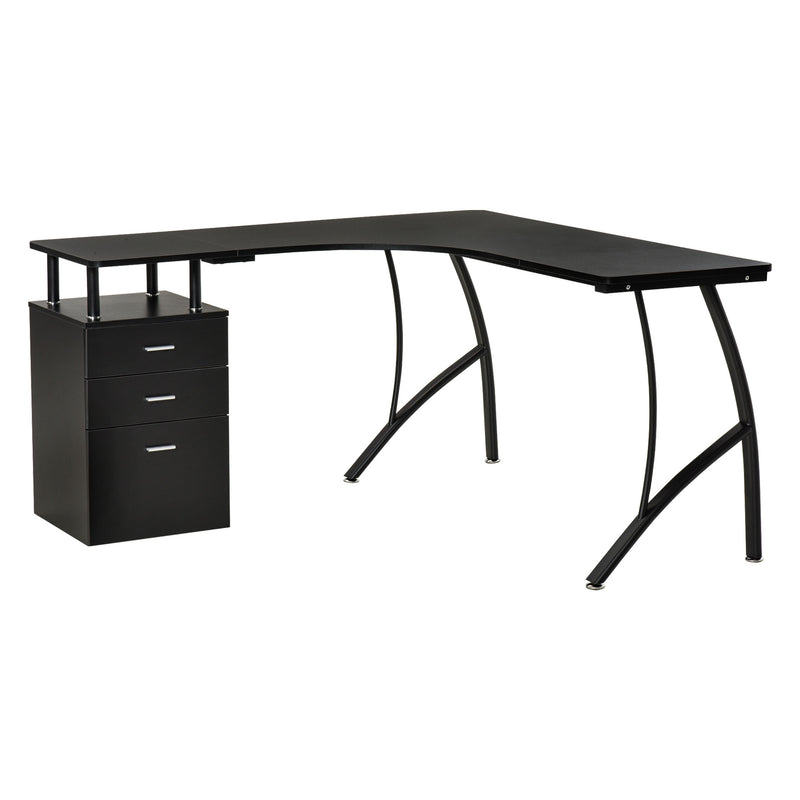 L-Shaped Computer Desk Table with Storage Drawer Home Office Corner Industrial Style Workstation, Black