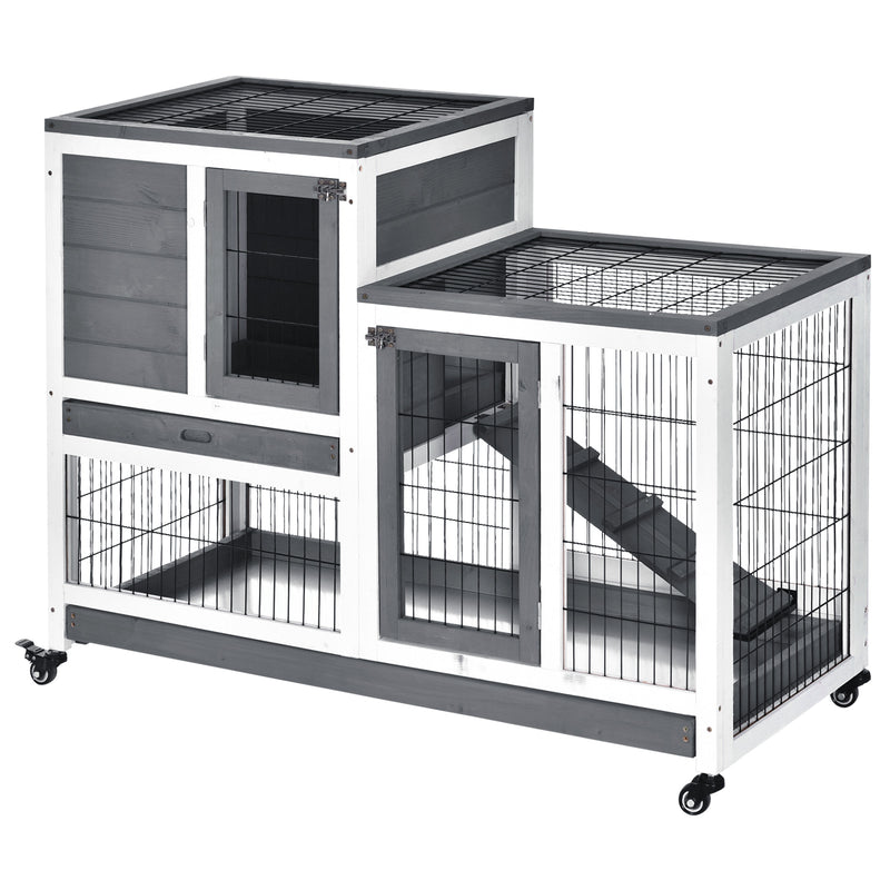 Wooden Indoor Guinea Pigs Hutches Elevated Cage Habitat with Enclosed Run with Wheels, Ideal for Rabbits and Guinea Pigs, Grey and White
