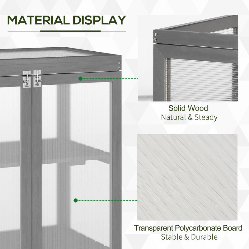 3-Tier Wooden Cold Frame Greenhouse Garden Polycarbonate Grow House w/ Adjustable Storage Shelf, 76 x 47 x 110 cm, Dark Grey