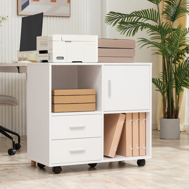 Printer Stand with Wheels, Mobile Printer Table with Open Shelves, Drawers and Enclosed Compartment for Home Office, White