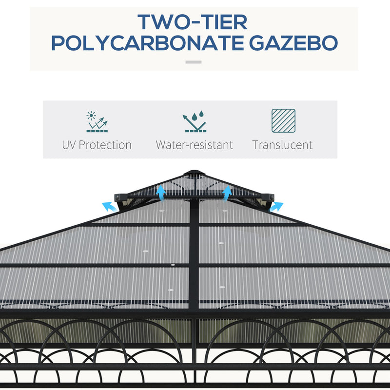 3 x 3 (m) Outdoor Polycarbonate Gazebo, Double Roof Hard Top Gazebo with Galvanized Steel Frame, Nettings & Curtains