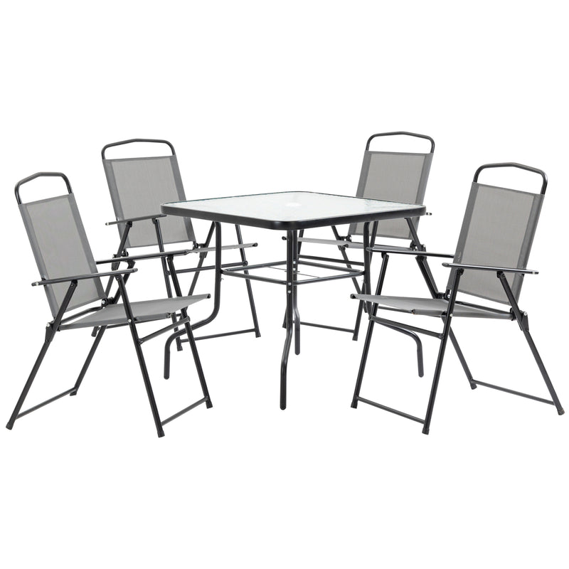 5 Piece Garden Dining Set Outdoor Dining Furniture 4 Folding Chairs, Glass Top Table with Parasol Hole, Texteline Seats, Black