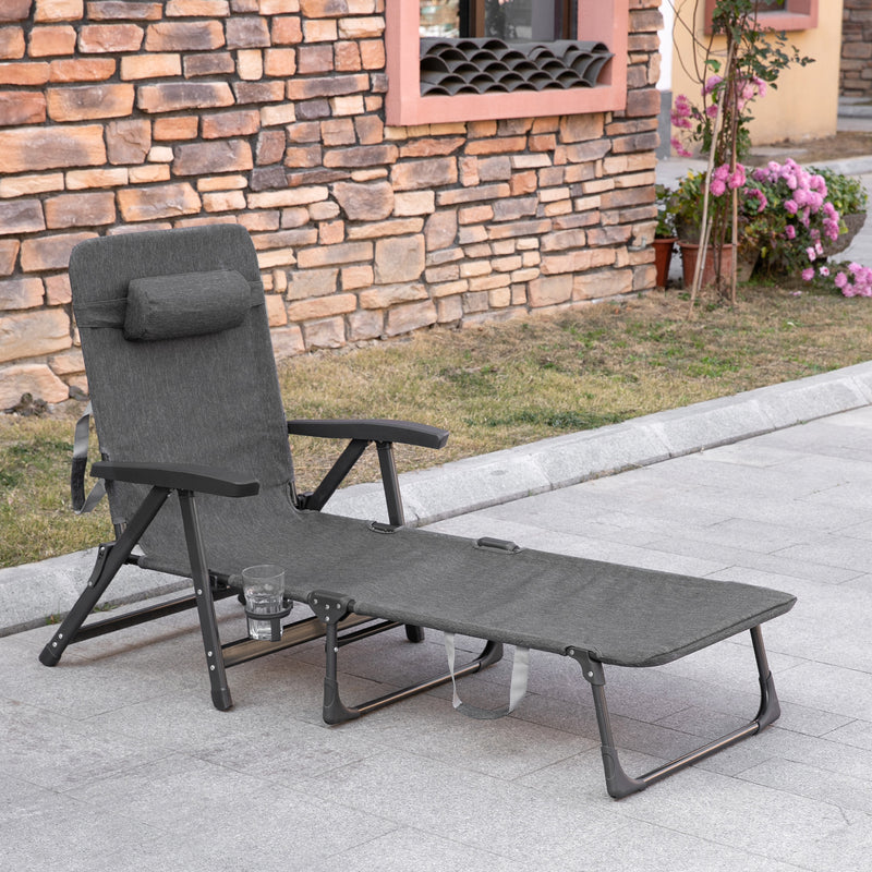 Garden Lounger, Mesh Fabric Lounge Chair, 7-Reclining Position Sleeping Bed w/ Pillow & Cup Holder or Poolside, 94H x 72W x 159D, Dark Grey