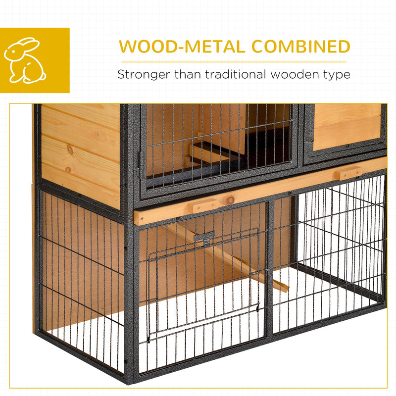 Wood-metal Rabbit Hutch Elevated Pet House Bunny Cage with Slide-Out Tray Asphalt Openable Roof Lockable Door Outdoor