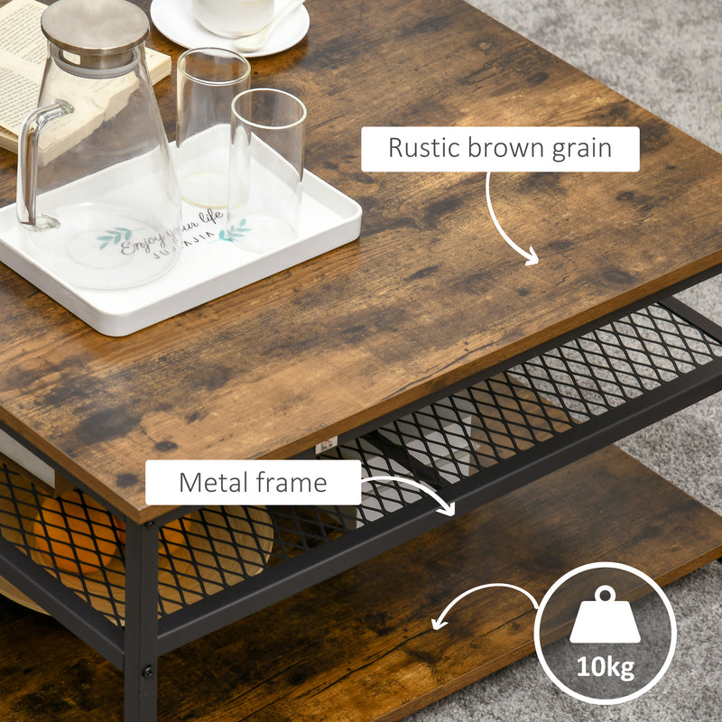 Industrial Coffee Table, Square Cocktail Table with 3-Tier Storage Shelves for Living Room, Rustic Brown