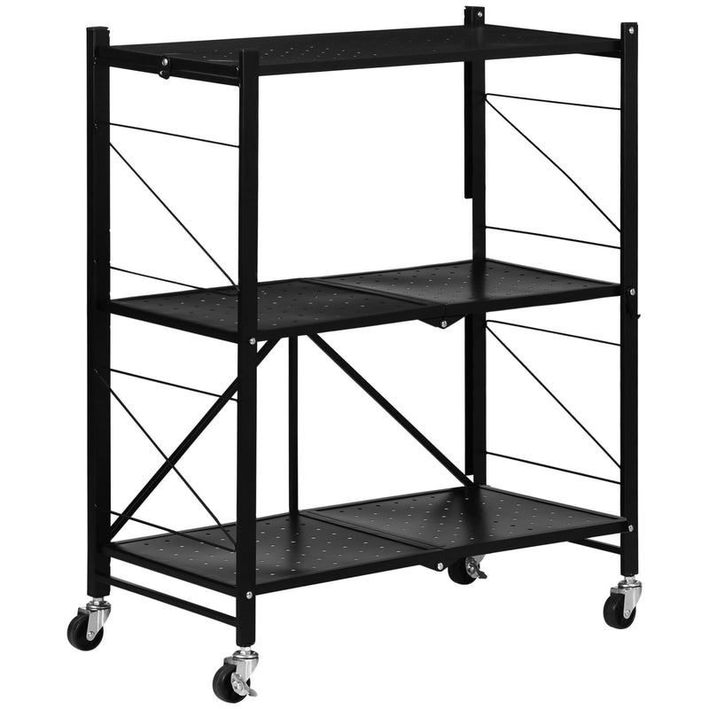 3-Tier Storage Trolley Cart, Foldable Rolling Cart for Kitchen, Living Room and Bathroom, 68 x 34.5 x 85.5 cm, Black