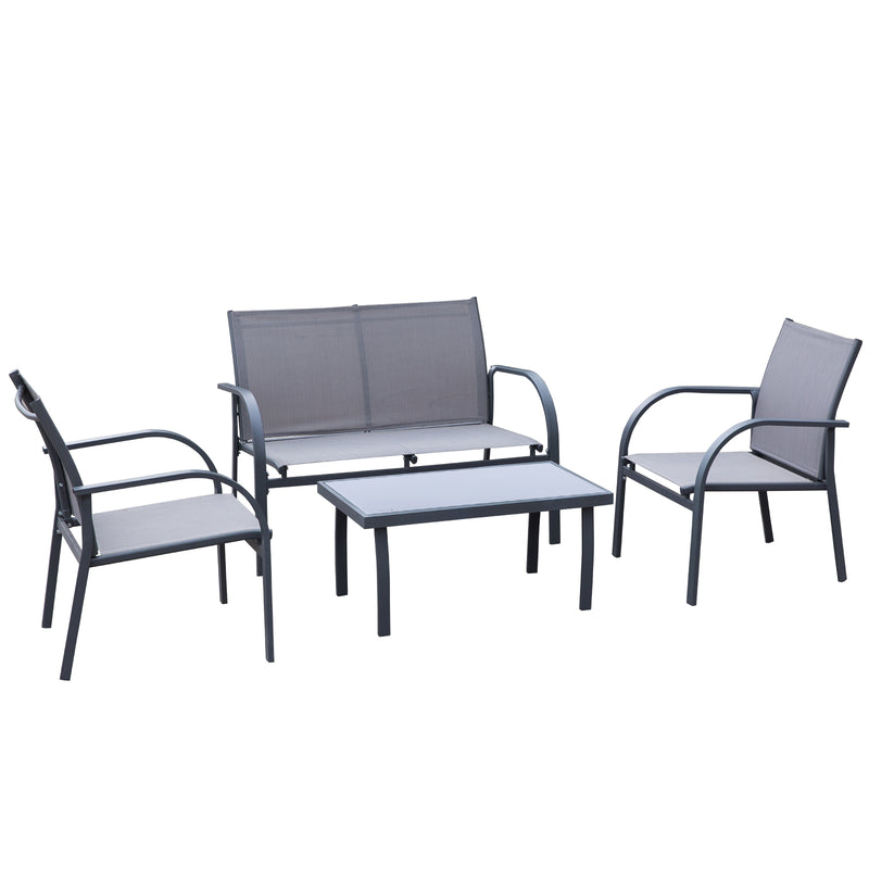4 pcs Curved Steel Patio Furniture Set w/ Loveseat, Texteline Seats, Glass Top Table For Party Event, Grey