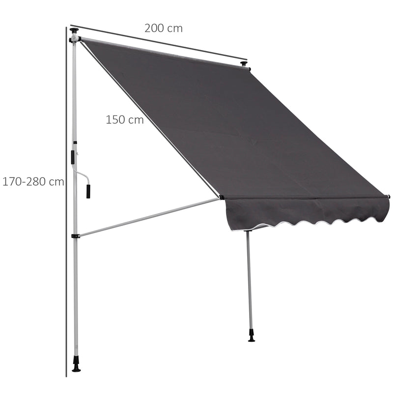 Balcony 2 x 1.5m Manual Adjustable Awning DIY Patio Clamp Awning Canopy Retractable Shade Shelter - Grey