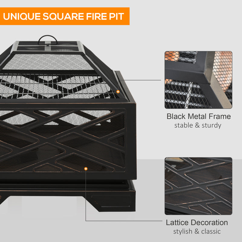 66cm 2 in 1 Square Fire Pit Metal Brazier for Garden, Patio with BBQ Grill Shelf & Spark Screen Cover & Poker, Black