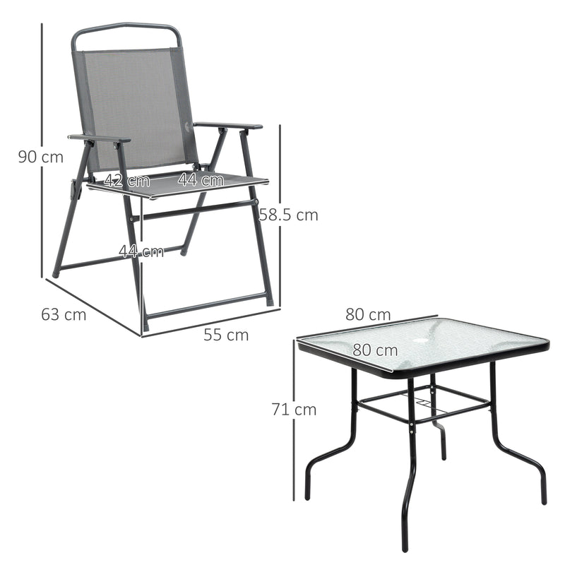 5 Piece Garden Dining Set Outdoor Dining Furniture 4 Folding Chairs, Glass Top Table with Parasol Hole, Texteline Seats, Black