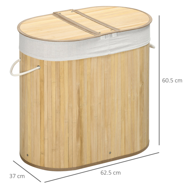 Bamboo Laundry Basket with Lid, 100 Litres Laundry Hamper with 2 Sections Removable Washable Lining Washing Baskets 62.5 x 37 x 60.5cm Natural