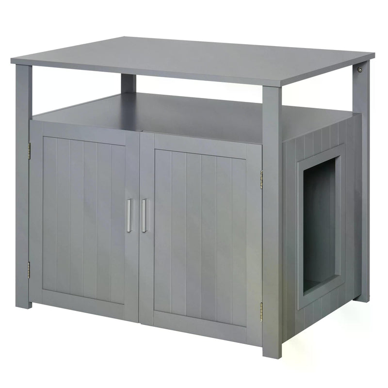 Wooden Cat Litter Box Enclosure Furniture with Adjustable Interior Wall & Large Tabletop for Nightstand, Grey