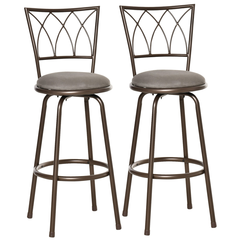 Set of 2 Bar Chairs Swivel Armless Upholstered Metal Frame Barstools with Backrest & Footrest, Bronze