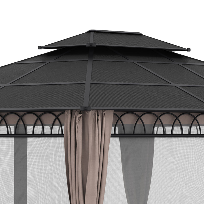 3.6 x 3 (m) Outdoor Polycarbonate Gazebo, Double Roof Hard Top Gazebo with Nettings & Curtains for Garden, Lawn, Patio