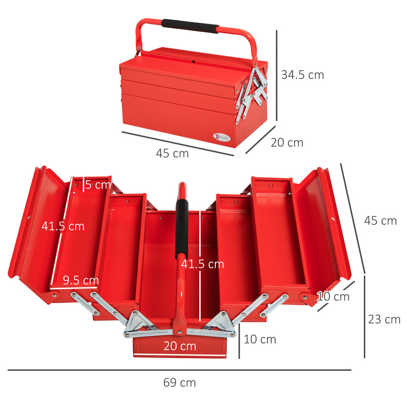 Metal Tool Box 3 Tier 5 Tray Professional Portable Storage Cabinet Workshop Cantilever Toolbox with Carry Handle, 45cmx22.5cmx34.5cm, Red