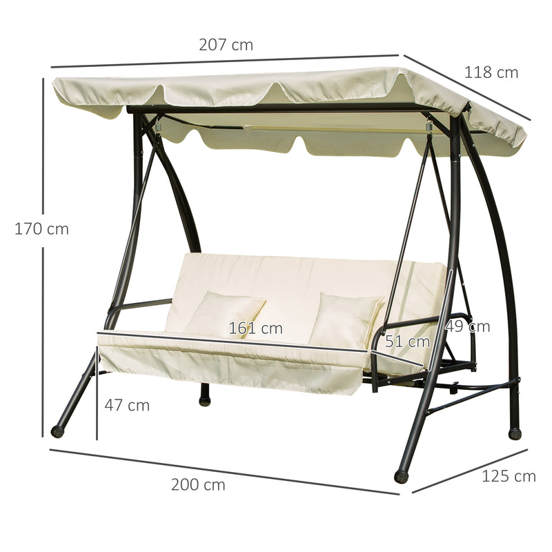 3 Seater Swing Chair 2-in-1 Hammock Bed Patio Garden Chair with Adjustable Canopy and Cushions, Cream White