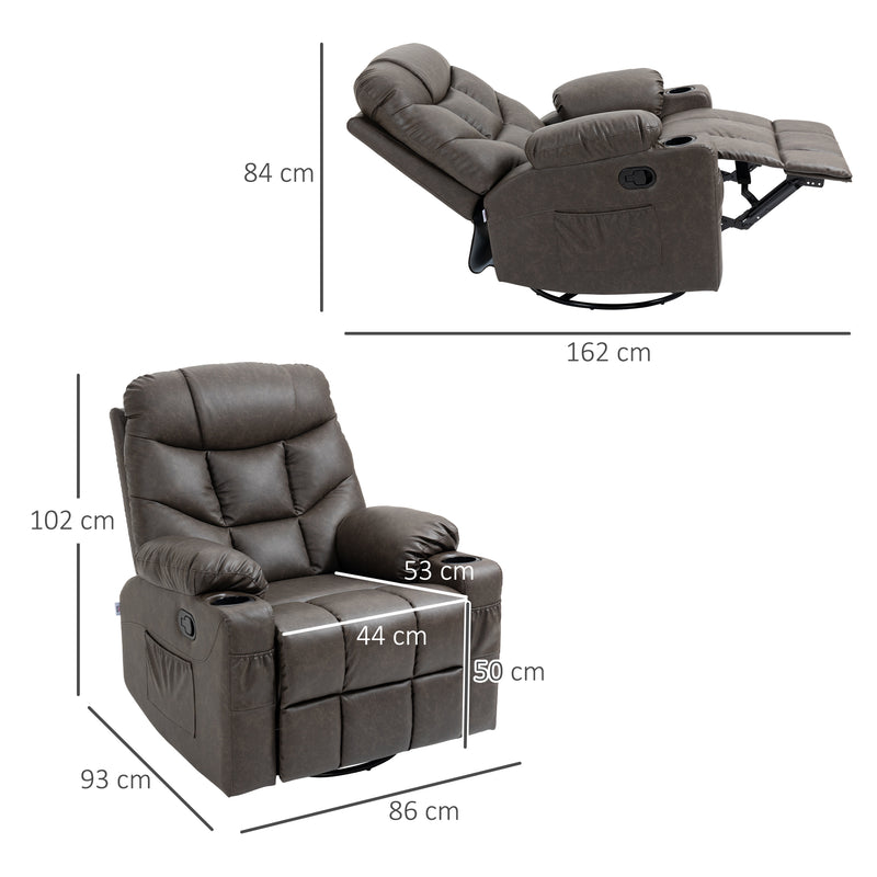 Manual Reclining Chair, Recliner Armchair with Faux Leather, Footrest, Cup Holders, 86x93x102cm, Brown