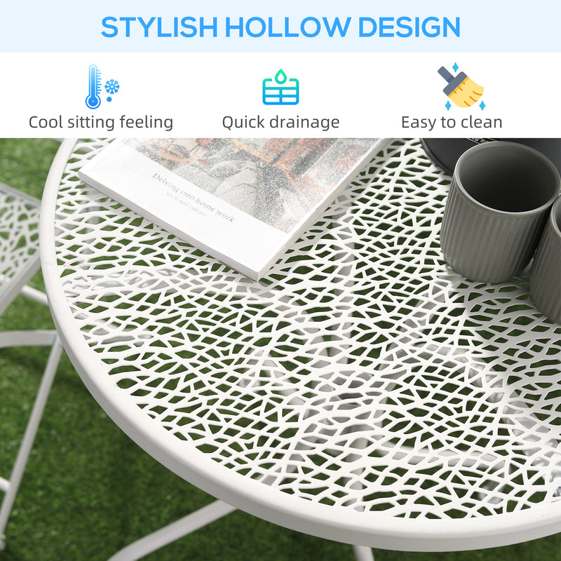 Garden Bistro Set for 2 with Folding Chairs and Round Table, Metal Balcony Furniture for Outdoor Indoor Use, White