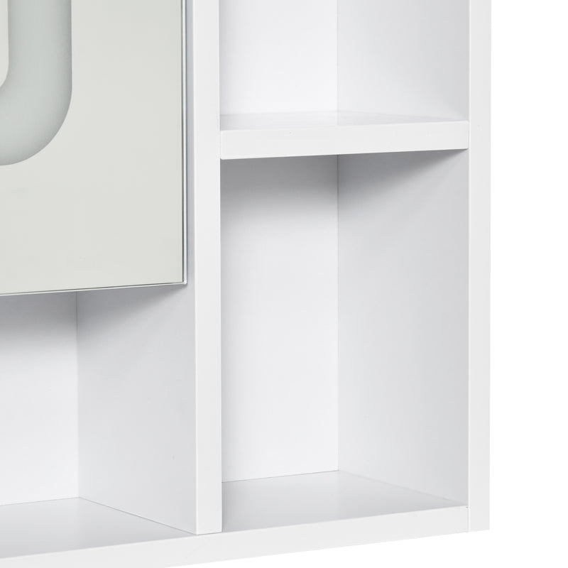 LED Illuminated Bathroom Mirror Cabinet, Wall-mounted Storage Organizer with Four Open Shelves, Dimmable Touch Switch, White