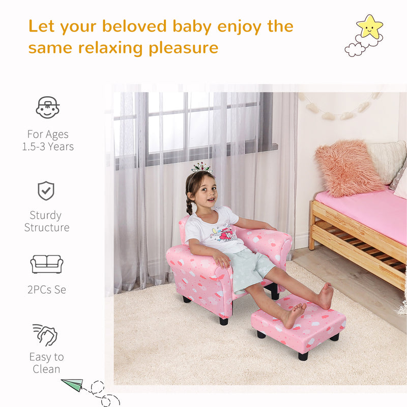 Kids Children Armchair Mini Sofa Wood Frame w/ Footrest Anti-Slip Legs High Back Arms Bedroom Playroom Furniture Cute Cloud Star Pink