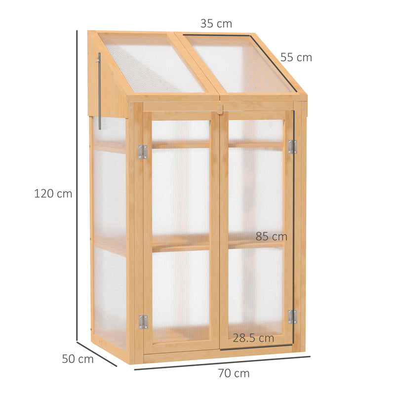 Wooden Greenhouse, Cold Frame Grow House with Polycarbonate Semi Transparent Glazing, Openable Lid and Double Door, 70 x 50 x 120cm, Brown