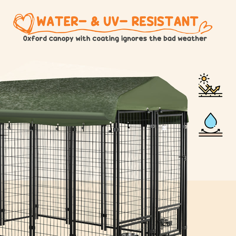 Outdoor Dog Kennel, Lockable Pet Playpen Crate, Welded Wire Steel Fence, with Water-, UV-Resistant Canopy, Rotating Bowl Holders 8x4x6ft Green